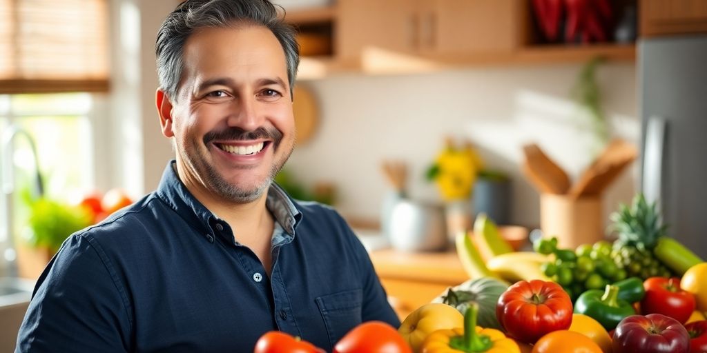 Dr. Julian Ross in a bright kitchen with fresh produce.