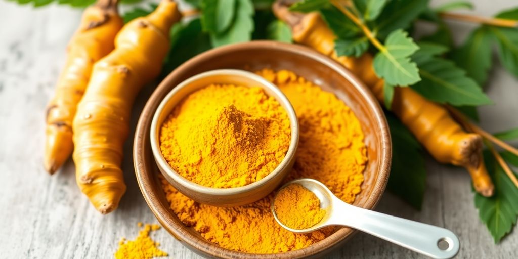 Bowl of turmeric powder with fresh roots and spoon.