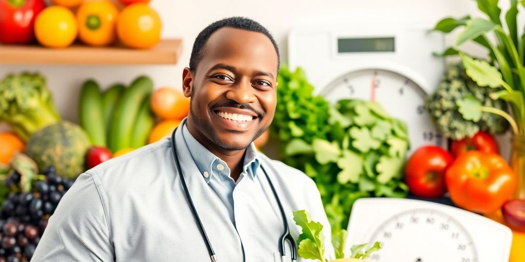 Dr. Julian Ross smiling with healthy foods and a scale.