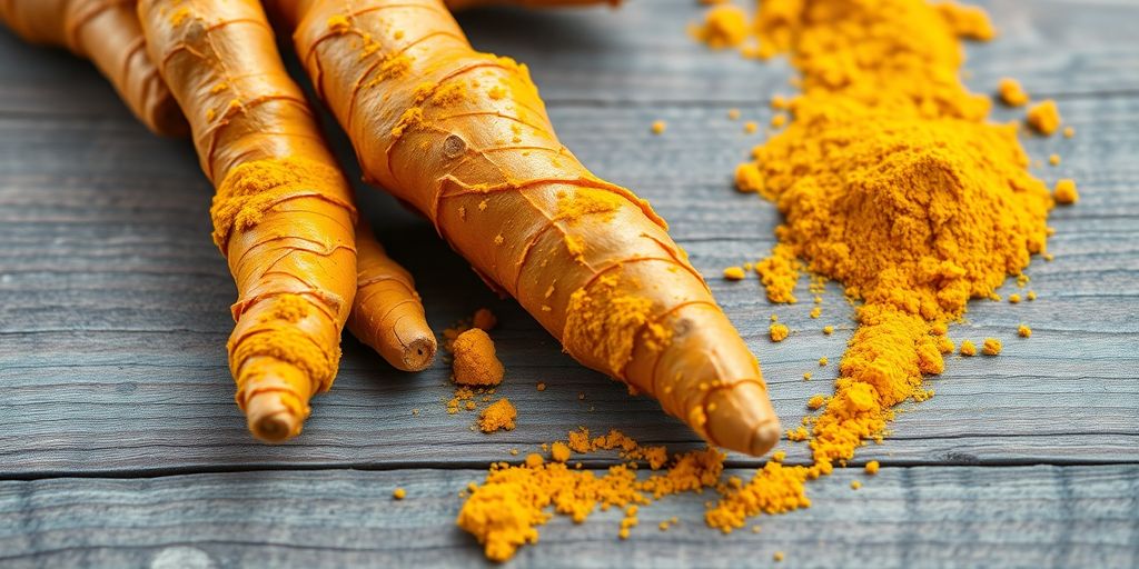 Fresh turmeric roots and powder on a wooden background.