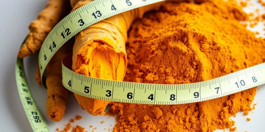 Fresh turmeric roots and powder with a measuring tape.